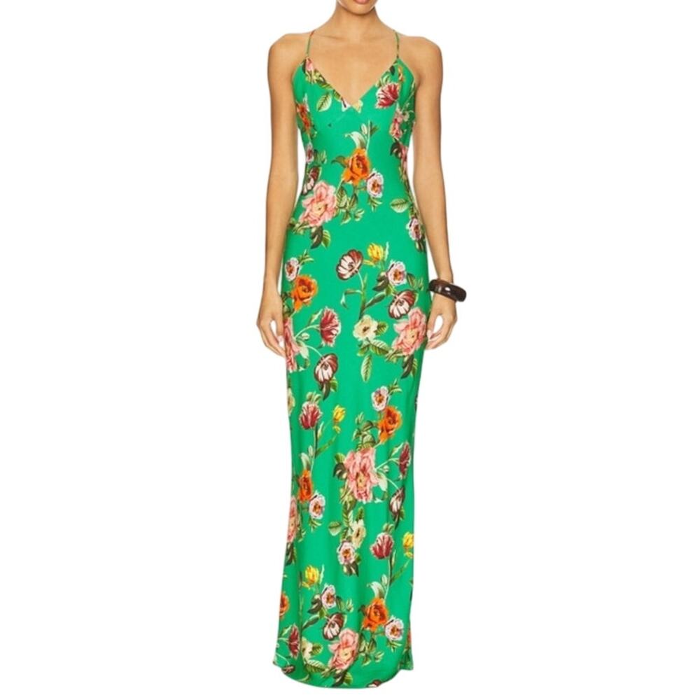 Alice + Olivia Loma Hamptons Floral Print Green Crepe Event Maxi Dress NWT